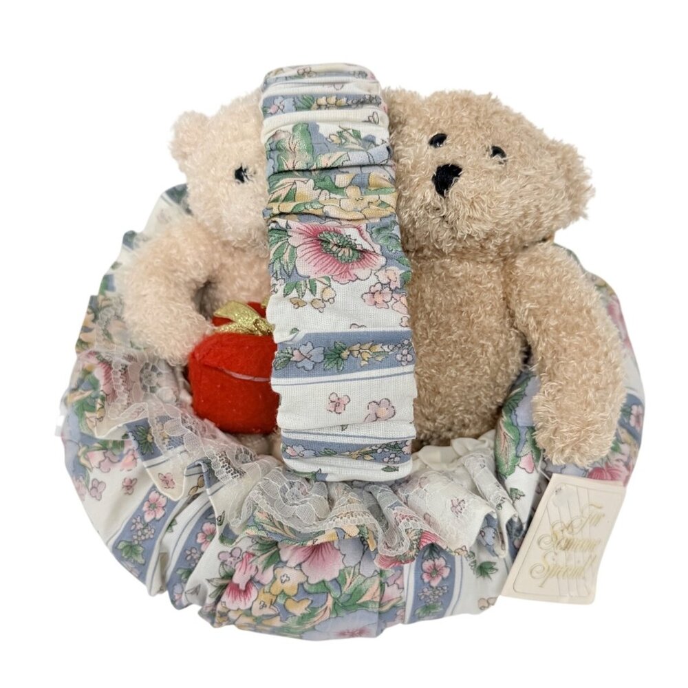 Vintage 1994 JoelsOn Industries Teddy Bear Basket Plush Set Floral Fabric Bears